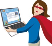 Teacher superhero with laptop.